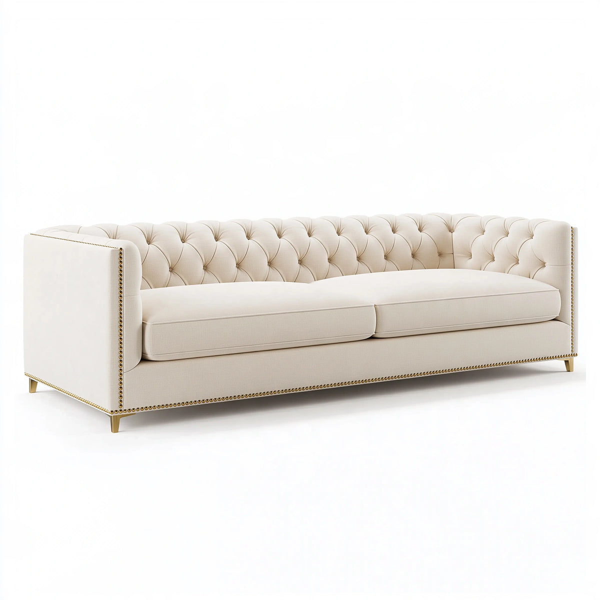Canapé 3 places 220 x 90 x 80 cm en tissu crème capitonné style Chesterfield