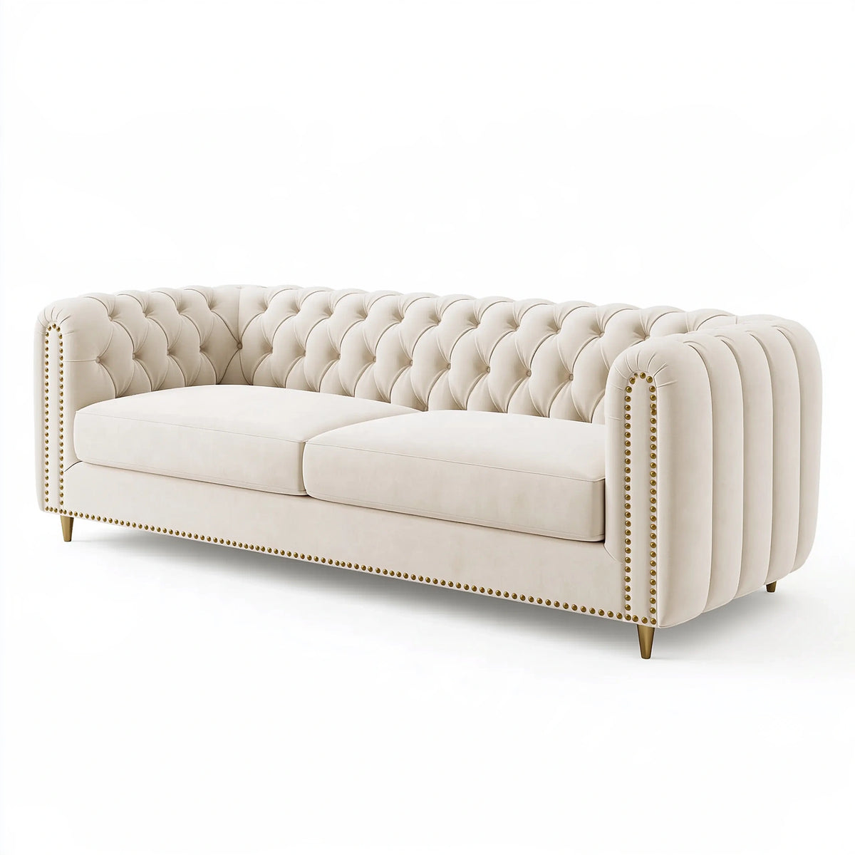 Canapé 3 places 220 x 90 x 75 cm en tissu beige capitonné style Chesterfield