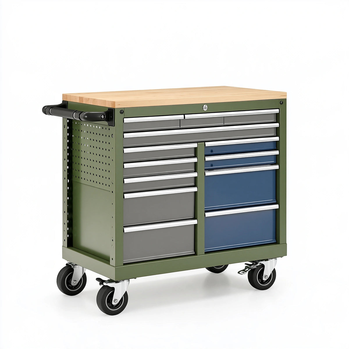 Servante d atelier 100 x 55 x 95 cm en acier vert avec plateau en bois et tiroirs sur roulettes