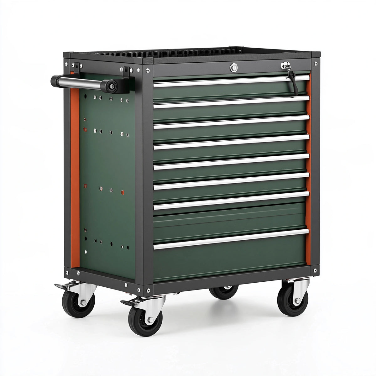 Servante d'atelier 80 x 50 x 95 cm en acier vert foncé - mobile avec 8 tiroirs verrouillables