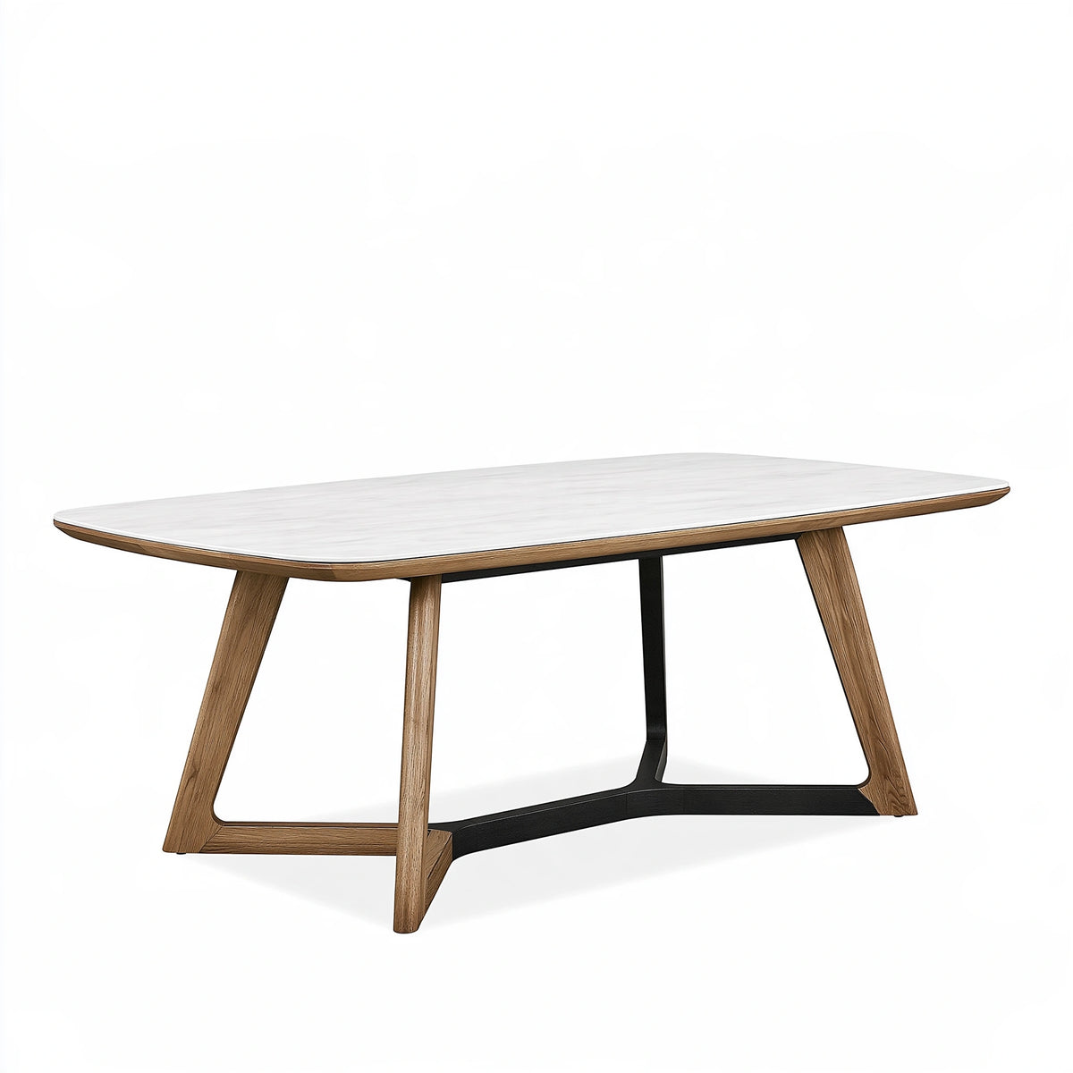 Table de salle à manger 180 x 90 cm blanche et bois - plateau effet marbre piètement métal contemporain